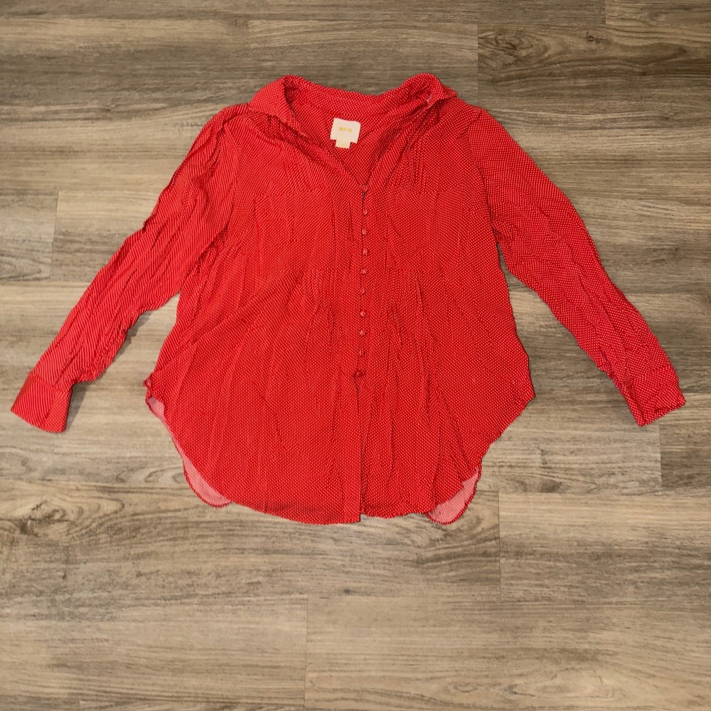 Maeve Anthropologie Red Polka Dot Button Down Blouse Rayon Large OB717270